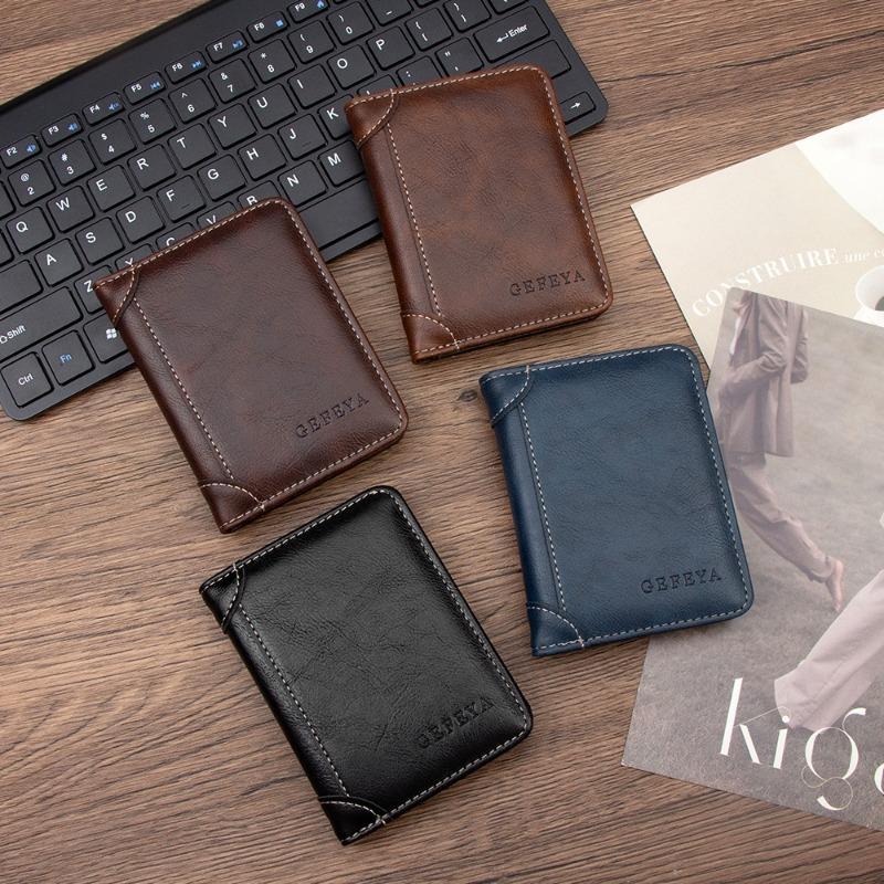 Men’s Vintage Leather Bifold Wallet, Slim Short Wallet with ID Window, Credit Card Holder, Cash Pocket, Casual Business Wallet
