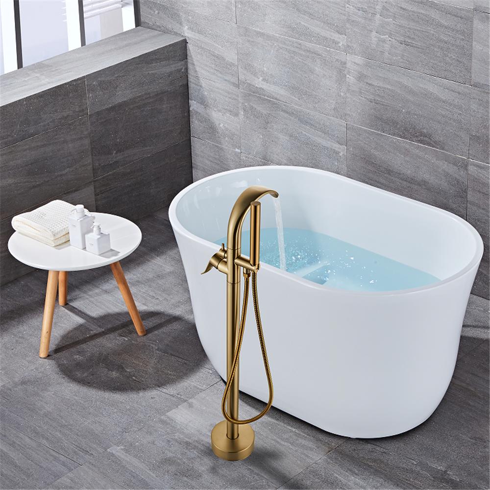 Tuqiu Brushed Gold Bathtub Faucet Set Floor Decked Brass Black Waterfall Bathtub Mixer Morden Style Gold Bathroom Taps