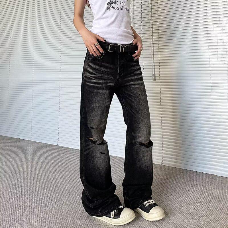 Pantaloni din denim de stradă pentru bărbați, retro distressed, pantaloni largi cu picioare drepte, pantaloni sport cu picioare largi, la modă