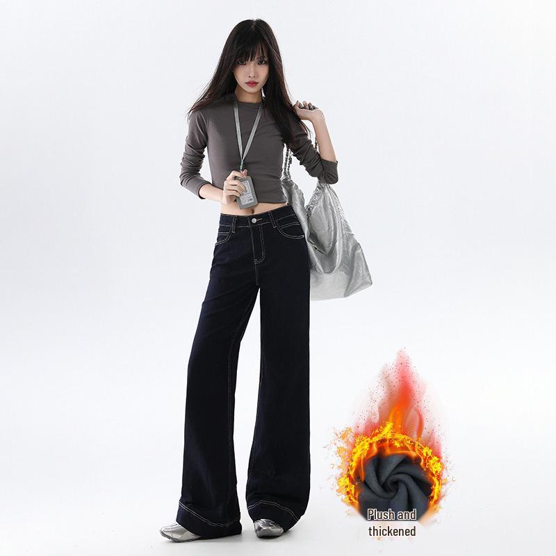 

Velvet Warm Elastic Wide-Leg Bell Bottom Jeans – Women s High-Waist Autumn/Winter Floor-Length Pants XS