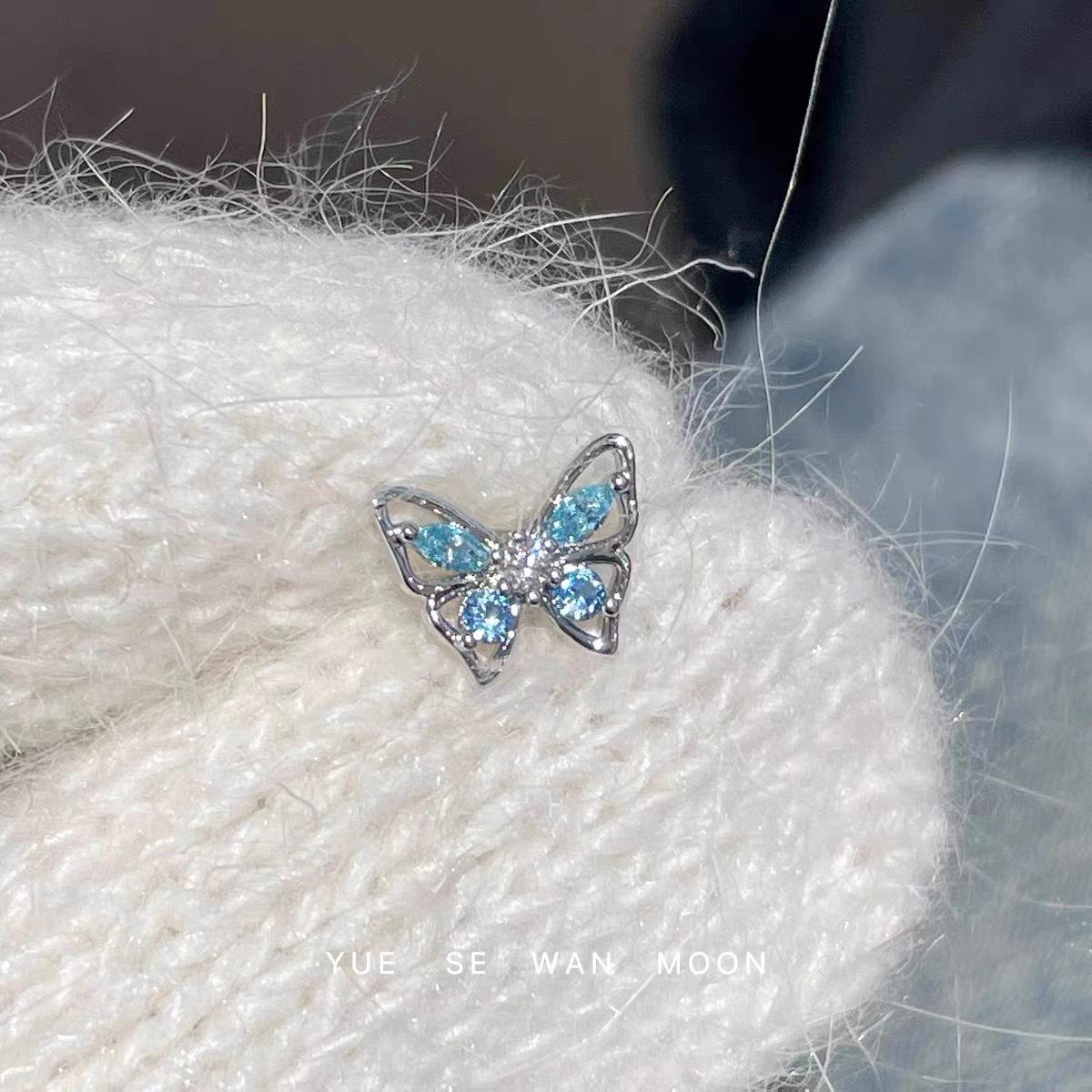 Exquisite Blue Butterfly Zirconia Stud Earrings - Titanium Steel, Super Shiny, Versatile Double Ear Hole Style for Women