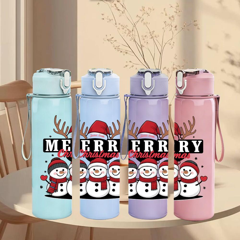 1PC Merry Christmas Snowman Group 750ml Color Plastic Sports Water Bottle Leakproof Flip Straw Lid Suitable for Sports Office Home Use