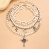 Hip Hop Punk Rose Flower Cross Necklace, Vintage Water Drop Pearl Beaded Necklace Set
