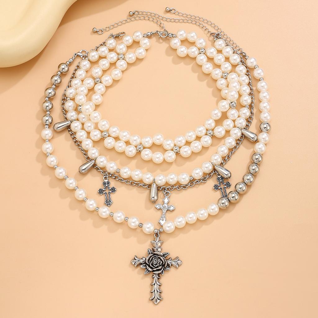 Hip Hop Punk Rose Flower Cross Necklace, Vintage Water Drop Pearl Beaded Necklace Set