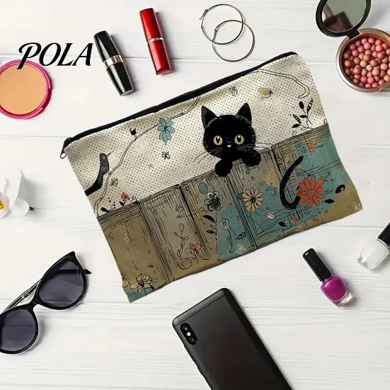 Aufbewahrungstasche Katze Aufdruck Tasche, mit Glattem Reißverschluss, Verdicktes Polyester Hochdichtes Gewebe Kosmetik Mehrzweck Federmäppchen Reise Toilettenartikel Reißverschlussbeutel