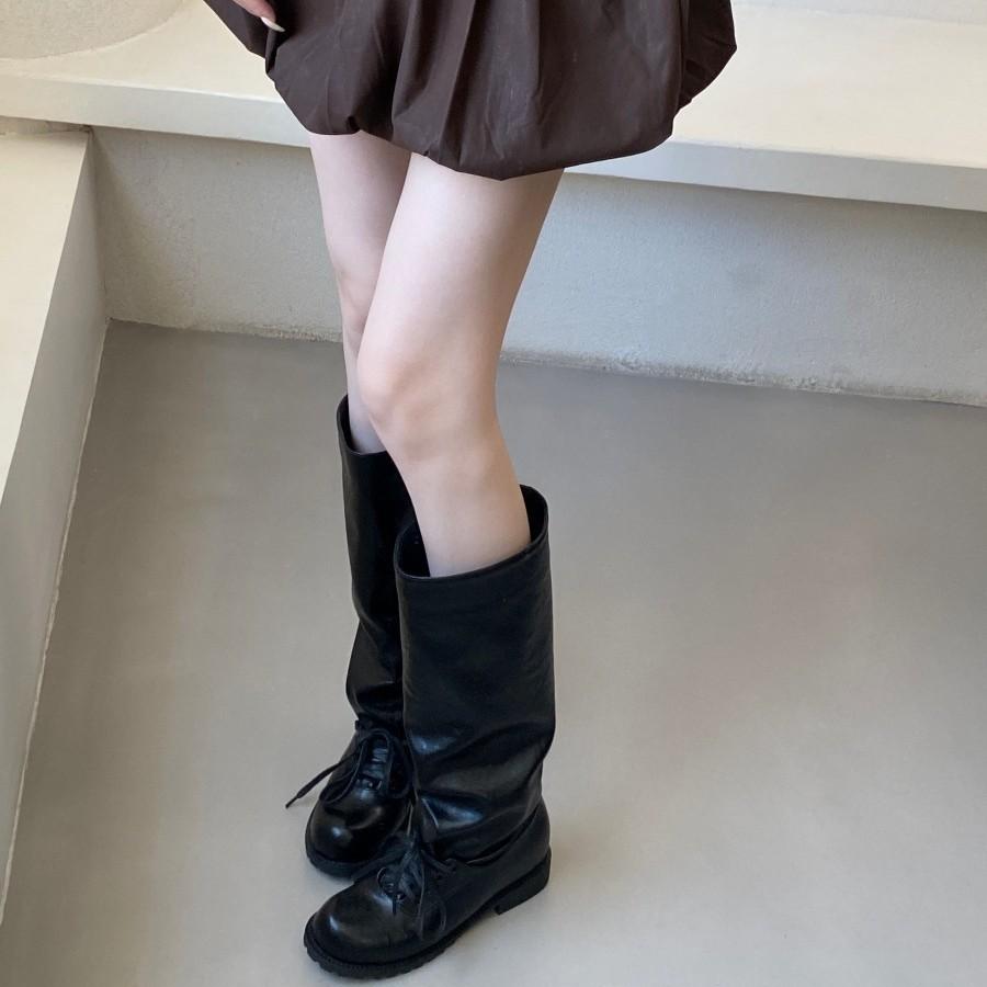 Ballet style retro western stacking boots women's 2025 new two-wear pleated straps medium boots giant soft boots