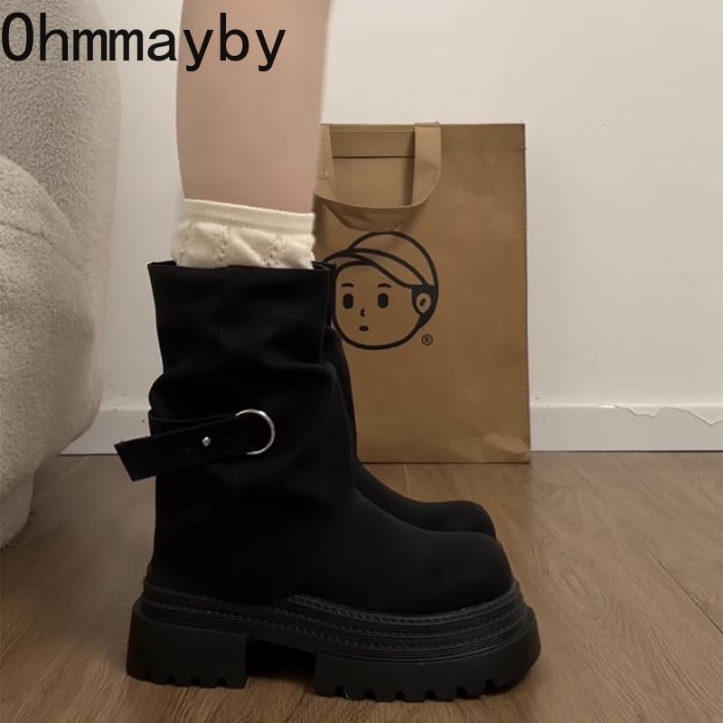 Vintage Platform Thick Bottom Women Ankle Boots Fashion Belt Buckle Autumn Winter Female Trouser Legs Short Booties