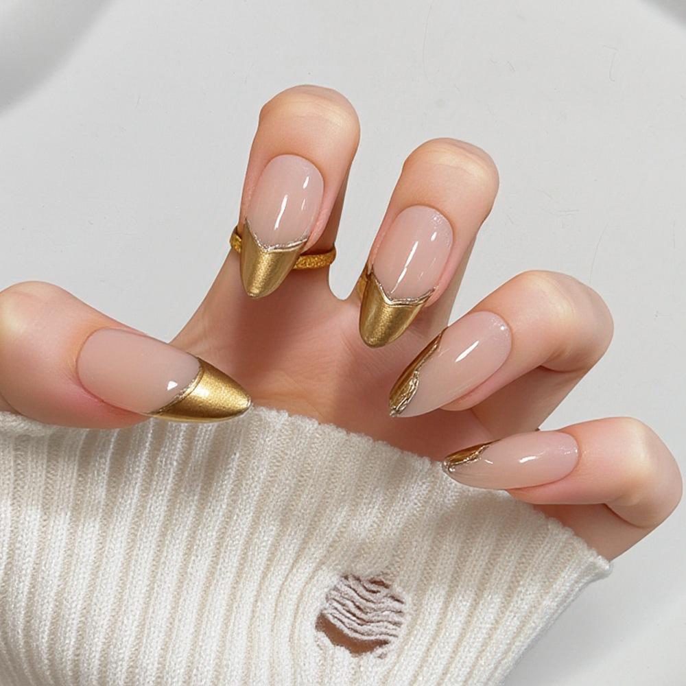 Gilded French Almond Nails: High-End 3D Irregular Gold Edge Nail Art