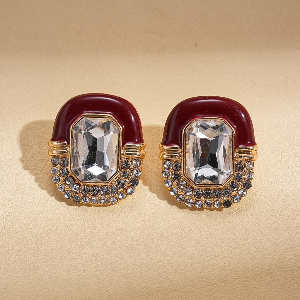 Wind Drop Oil Diamond Oval Square Silver Needle Stud Earrings Court Style Exquisite Premium Earrings