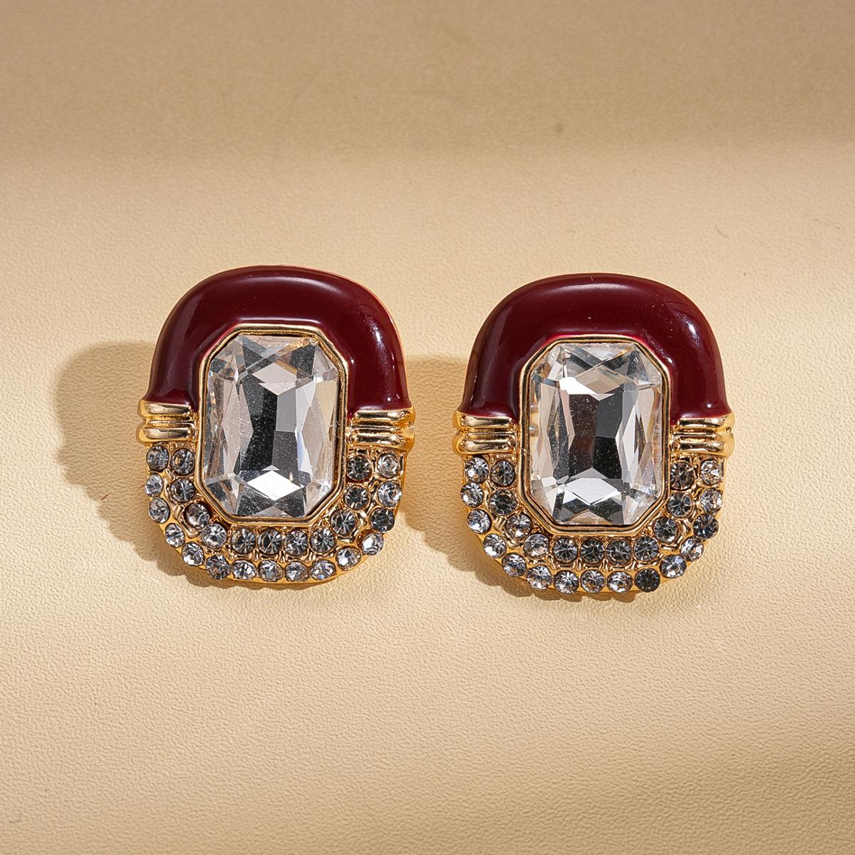 Wind drop oil diamond oval square silver needle stud earrings court style exquisite premium earrings