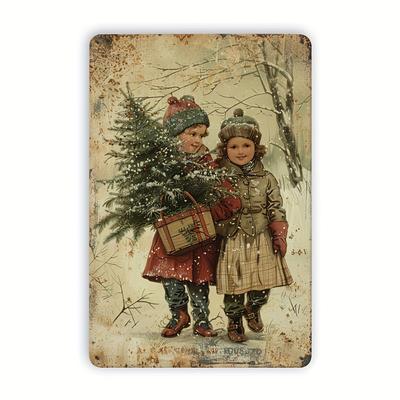 1 pièce Arbre de Noël Classique Vintage Enfant Plaque en Métal Étain, 8x12 Pouces Art Mural, Plaque en Fer Rétro pour Maison, Bar, Café, Salle de Sport, Garage