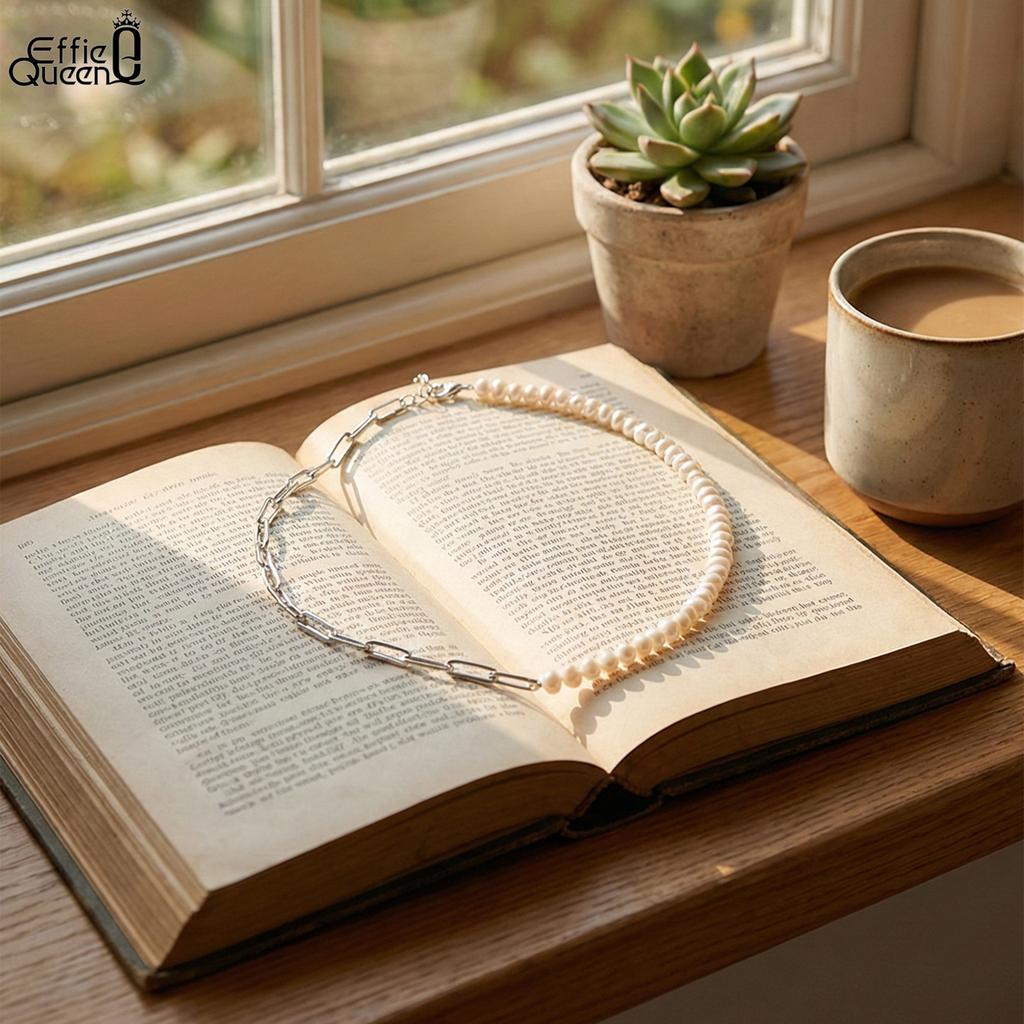 EFFIE QUEEN 925 Sterling Silver Elegant 14K Gold Natural Freshwater Pearls Choker Necklace Paperclip Chain Strand Present GPN13