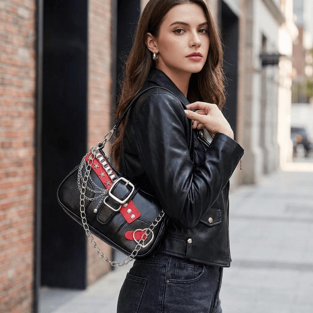 Punk Shoulder Bag Black Red Decor French Stick Handbag Fashion Star Rivet Underarm Bag  Daily