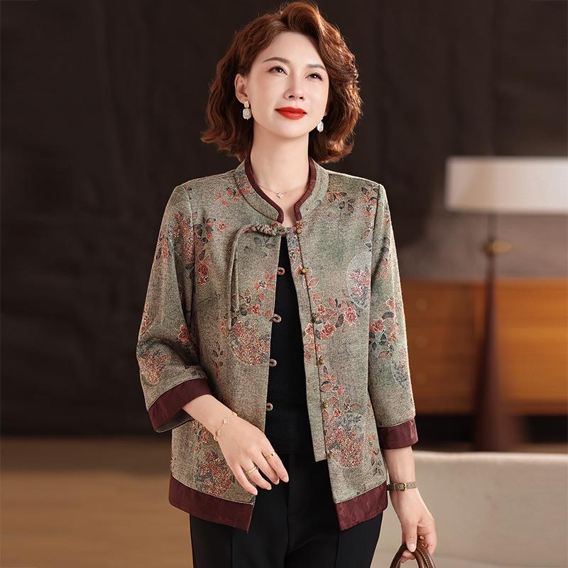 2026 Spring & Autumn Tang Suit Stand Collar Shirt for Middle-Aged & Elderly Women - Plus Size Chinese Style Mother's Wear