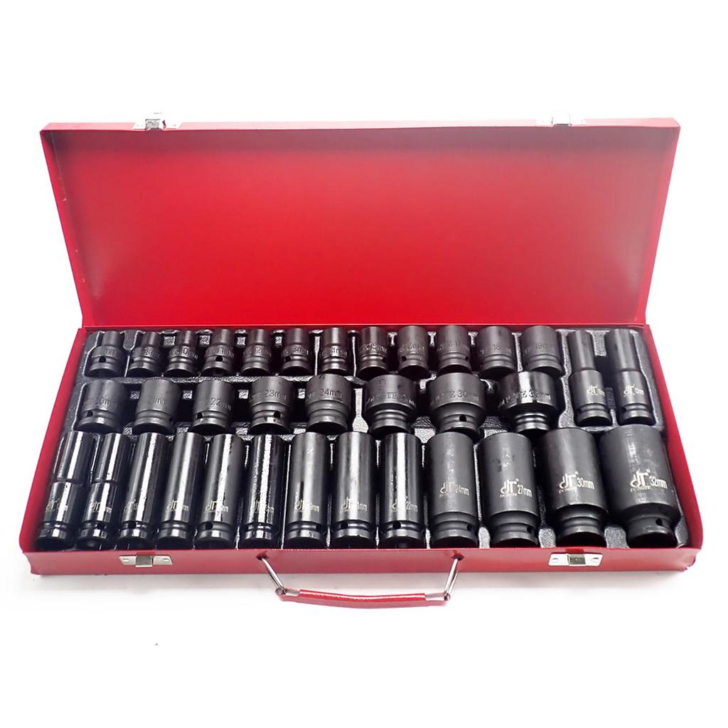 Wellvie Impact Socket Set 35pcs Hexagon with Storage Case Deep Bit Short and Wear Resistant Phosphate Maintenance Chrome Molybdenum Steel 12.7 1/2