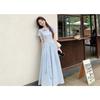 Blue polo collar short-sleeved dress children's summer new sweet and big-looking college style waist pinch dress