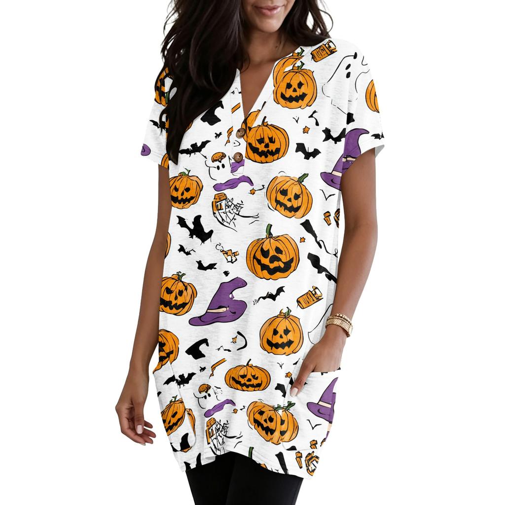 Women V Neck Halloween Print Short Sleeve Pullover Dress with Pocket Casual Loose Fit Tunic Dress for Daily Wear