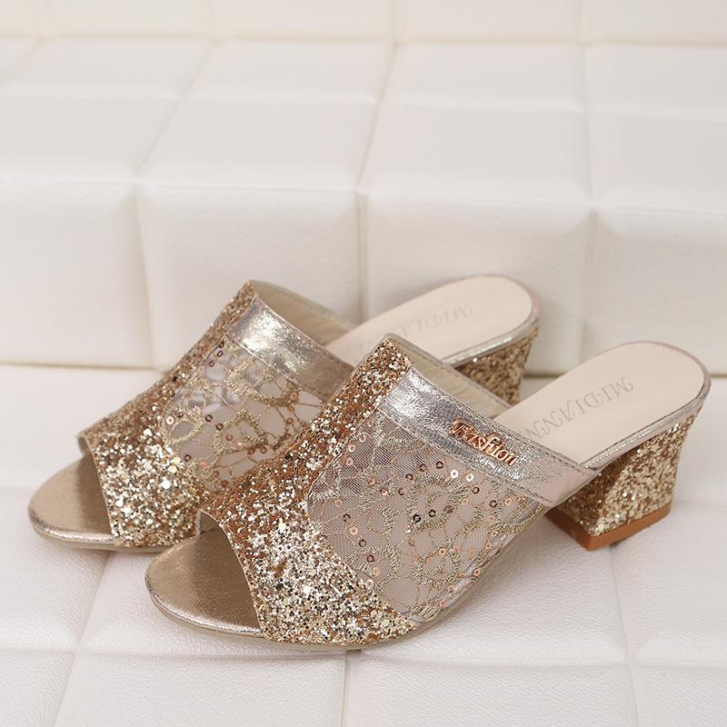 Women Summer Home Slippers Flip Flops Peep Toe Lace Sandals Glitter Sandals Platform Bling Ladies Shoe