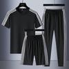 Women's Sporty Three-Piece Set: M-8XL Crew Neck, Short Sleeve with Shorts, Casual Running Attire with Three Stripes for Summer.
