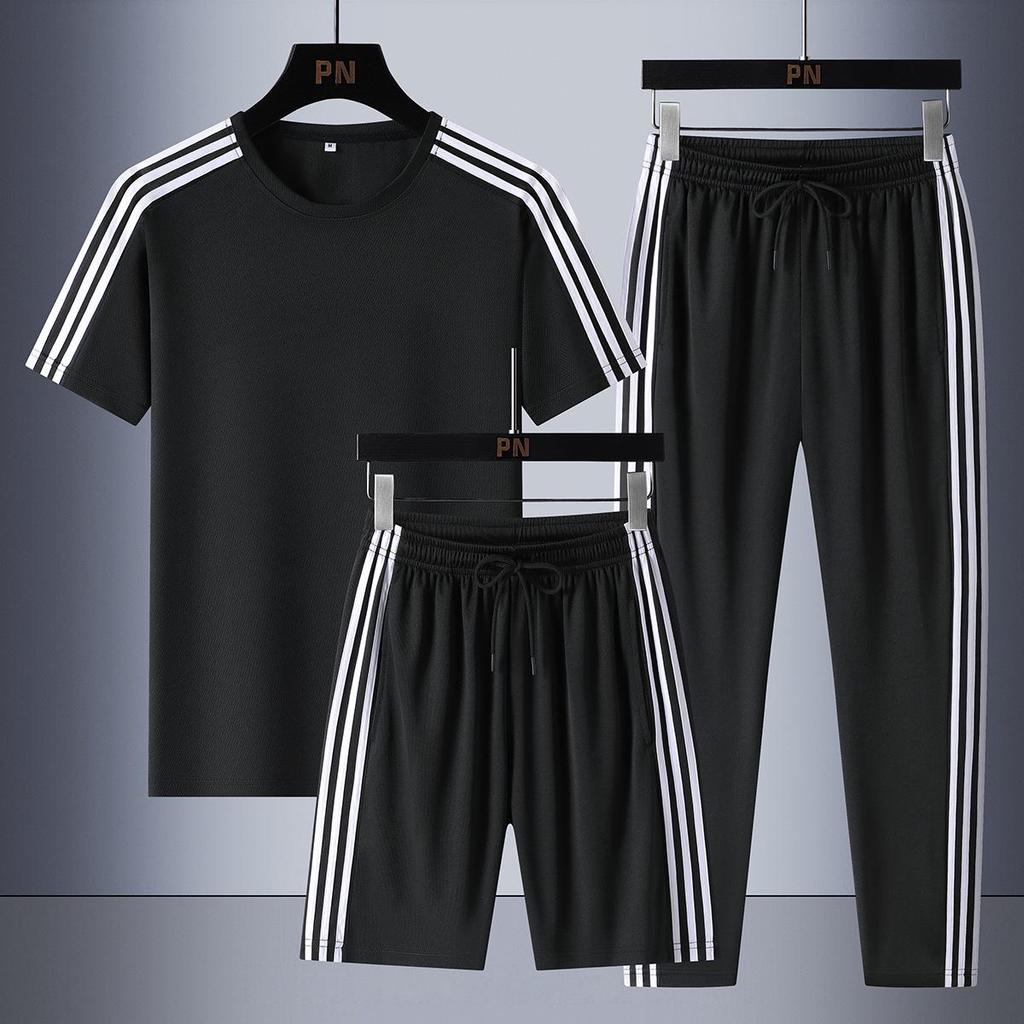 Women's Sporty Three-Piece Set: M-8XL Crew Neck, Short Sleeve with Shorts, Casual Running Attire with Three Stripes for Summer.