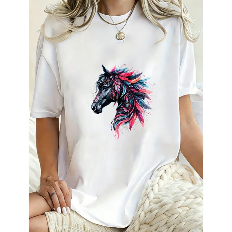 Oversized T Shirt Dress Black Horse Head With Red And Blue Feathers Print Casual Wear For Women