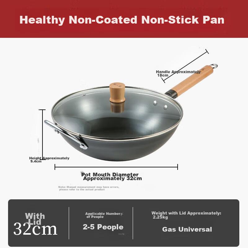 Cast Iron Wok without Coating for Gas Stove, Iron Wok for Stir-Frying, 32cm with Lid, C31640200