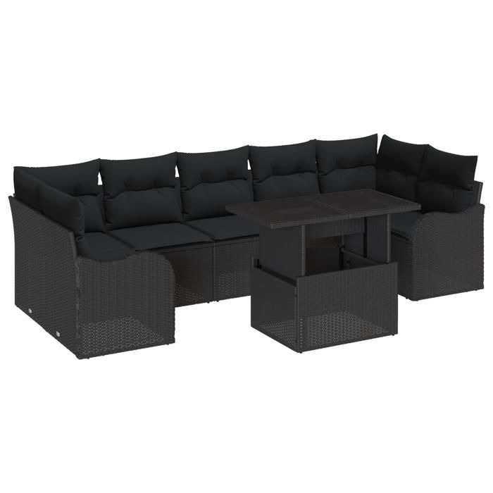 8-piece Garden Sofa Set with Black Rattan Cushions, 2-seater Garden Sofa with Black Rattan Cushions 3348419