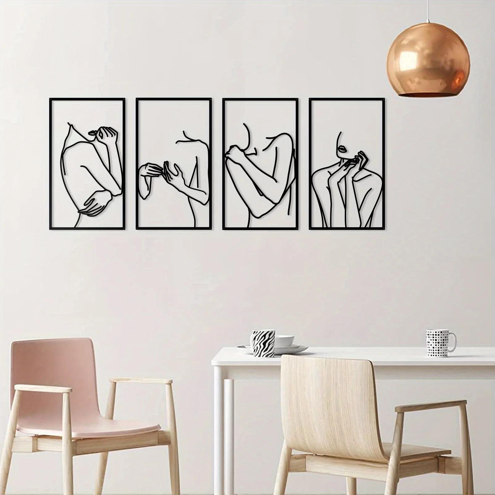 

4-элементный черный металлический настенный декор - минималистский абстрактный элегантный женский линейный рисунок | Однолинейный домашний настенный декор светло-серый