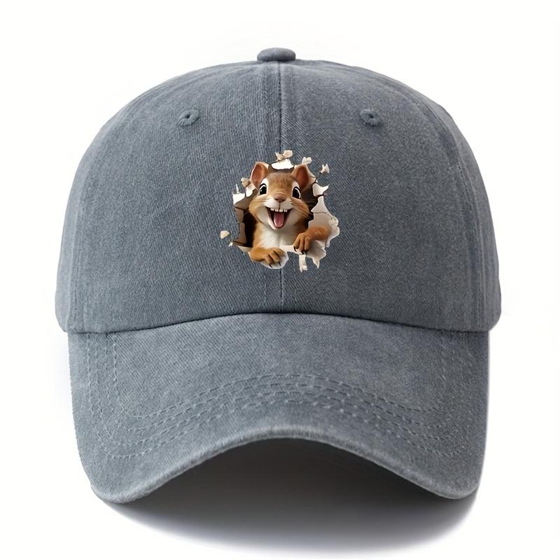 Cartoon squirrel print retro washed lightweight curved brim hat suitable for outdoor vacation, travel, camping truck driver hat