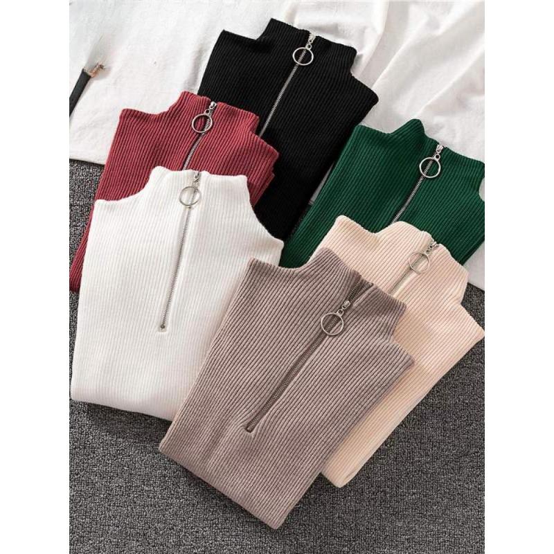 Women Fashion Solid Knitted Sweaters Vintage Long Sleeve Zip-up Basic Half Turtleneck Sweater Female Pullovers Chic Casual Tops