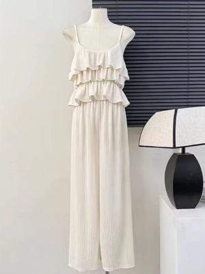 Casual Summer Solid Two Piece New Sets Women Sexy Flounce Tops + Loose High Waist Pants Female Chic Elegant Patchwork Party Beach Suits