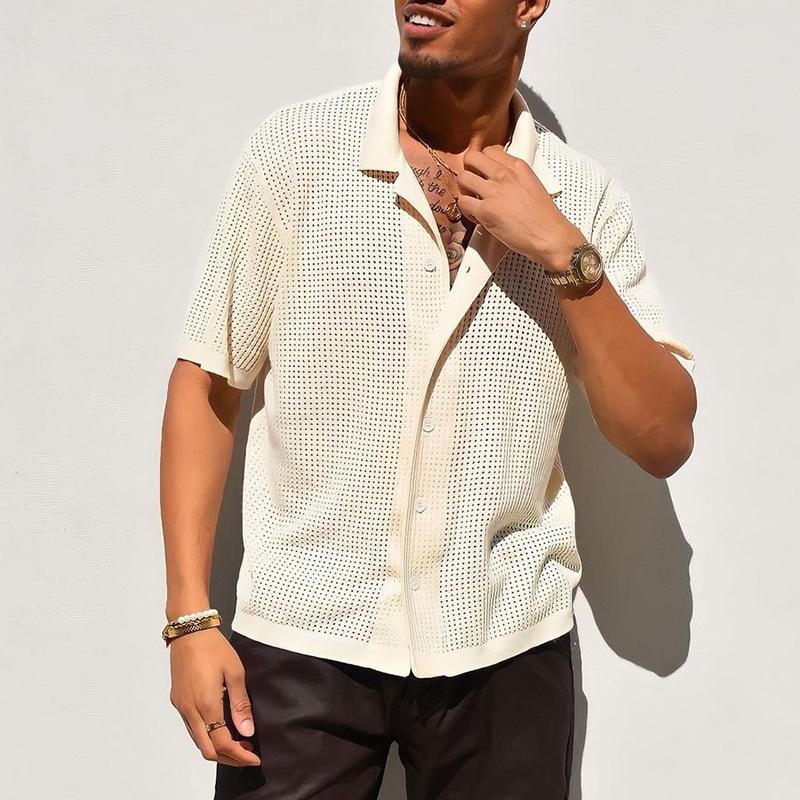 Mens Casual Hollow Out Knit Cuban Collar Short Sleeve Shirt S