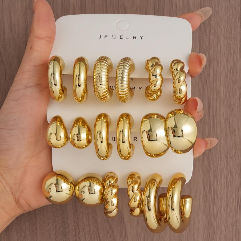 Women's Geometric Gold Teardrop and Twist Earring Set (3-9 Pairs)