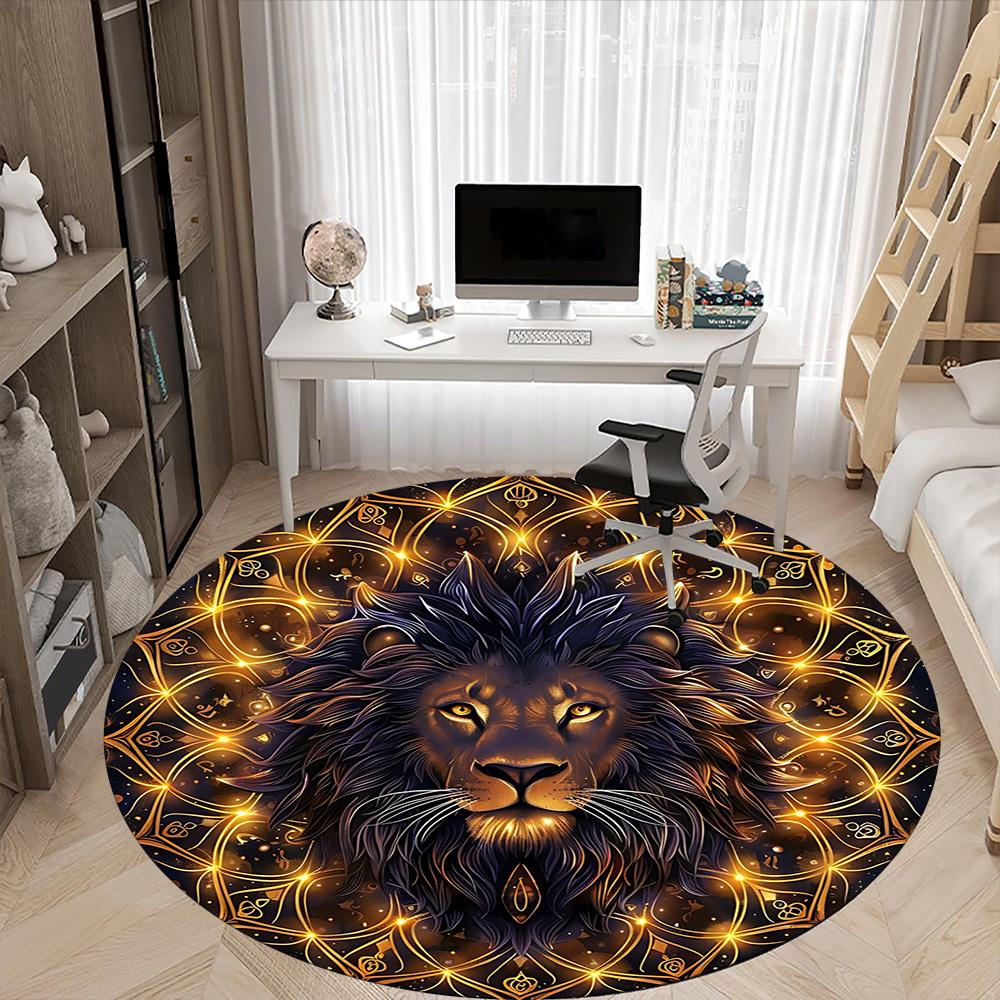 1 Stück Löwen Mandala Stuhlteppich für das Büro, Runde Polyestermatte, Innendekoration für das Büro, Pflegeleichtes Gewebe, Waschbarer rutschfester Teppich