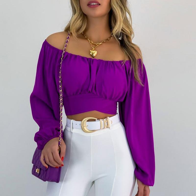 European & American Women's Off-the-Shoulder Lantern Sleeve Crop Top with Lace-Up Design