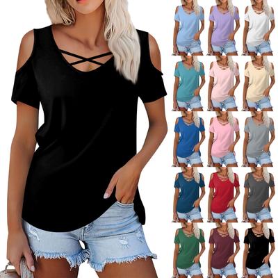 Women's Summer Fashion Casual Solid Color  V-Neck Short Sleeve T-Shirt Top