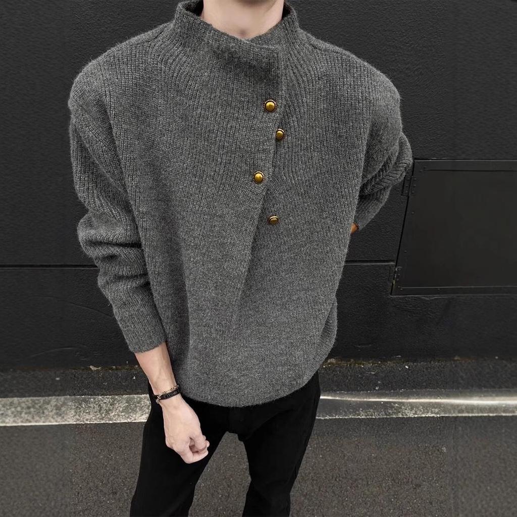 Men's Korean Style High Neck Sweater with Irregular Button Design – Trendy Oversized Knitwear