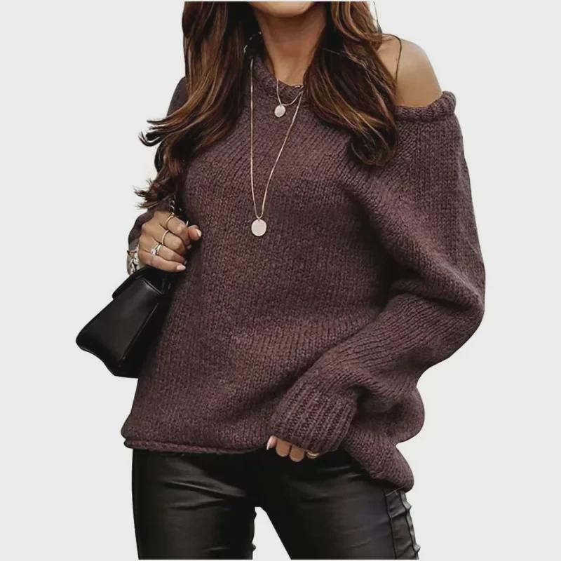 Off-Shoulder Sexy Round Neck Knit Pullover: Solid Color Casual Loose Plus Size Women's Sweater - Autumn/Winter Collection