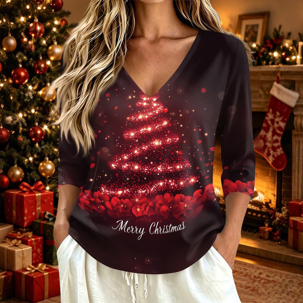 Women's Stylish Casual Christmas Printed V-Neck Three-Quarter Sleeve T-Shirt Top