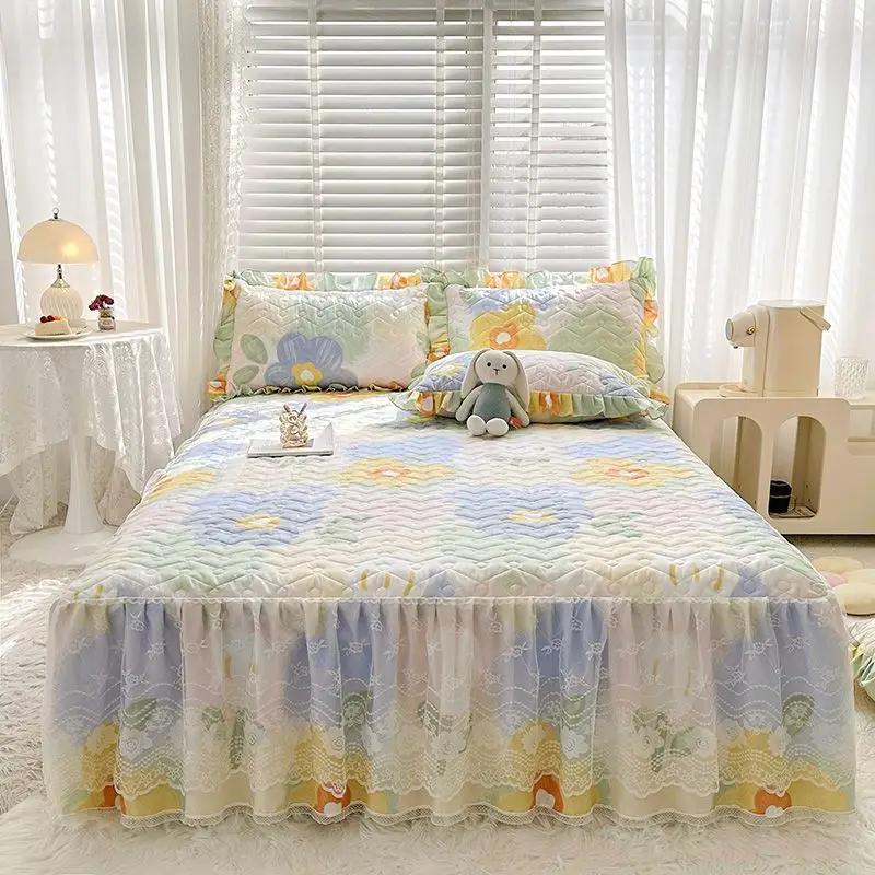 Bawełniana i lniana falbanka na ramę łóżka z nadrukiem trzyczęściowy zestaw gradientowa pikowana koronkowa narzuta antypoślizgowa pyłoszczelna pościel prześcieradła