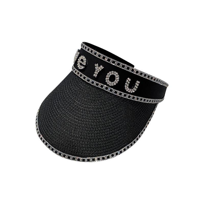 Spring and Summer Temperament Rhinestone Alphabet Straw Empty Top Hat Children's Fashion Outdoor Travel Visor Women's Sun Protection