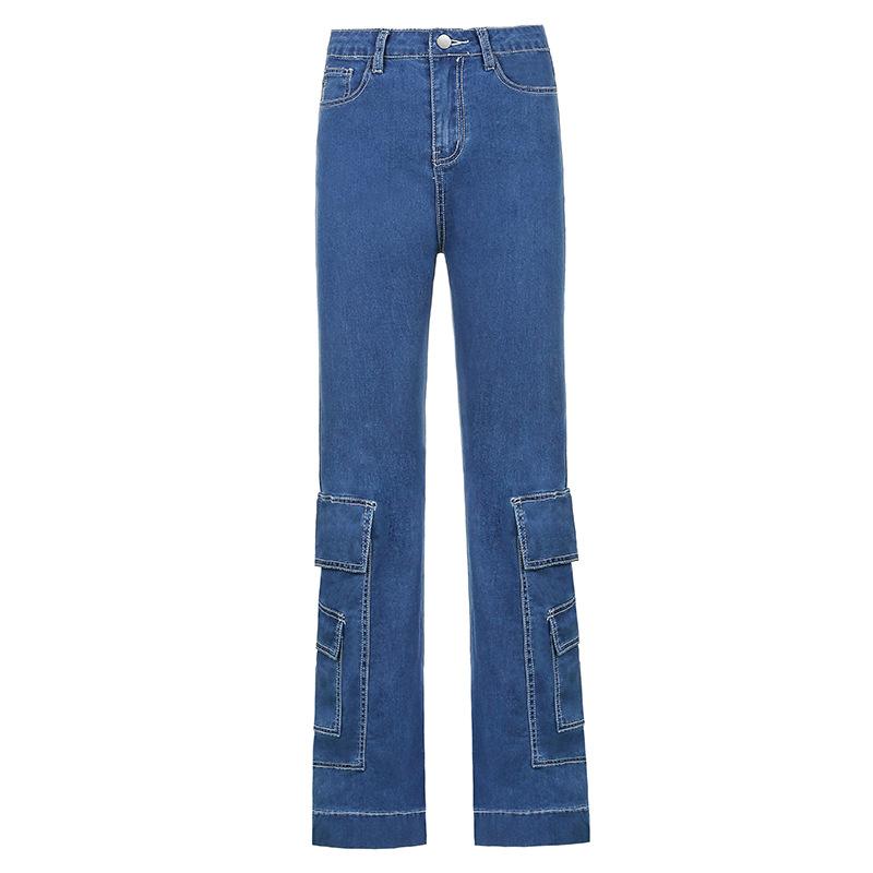 New Street Hip-hop Tooling Big Pocket Jeans Women High Waist Straight Trousers