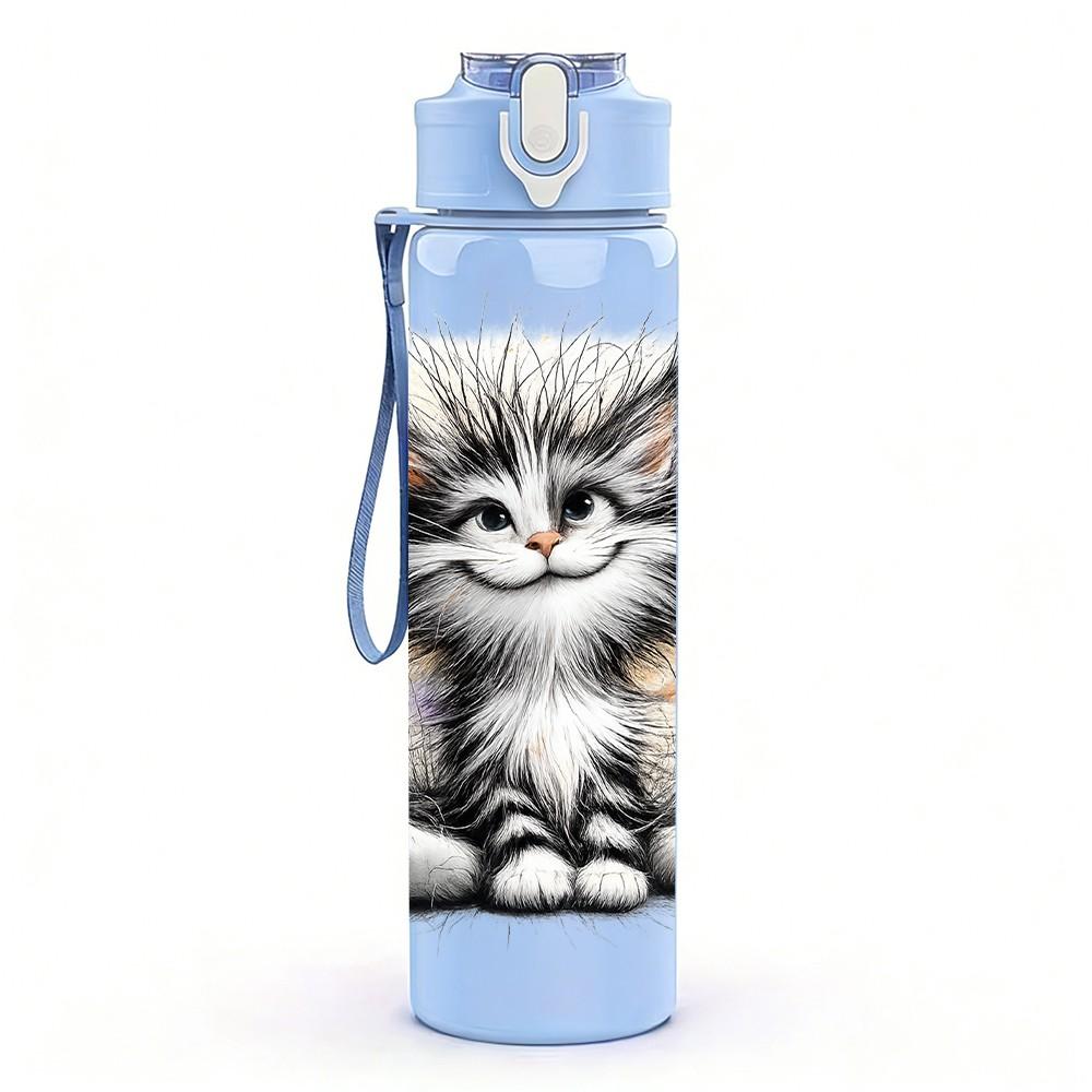 1PC Cute Fluffy Kitten Cat Face Print 750ml Color Plastic Sports Water Bottle Leakproof Flip Straw Lid Suitable for Sports Office Home Use