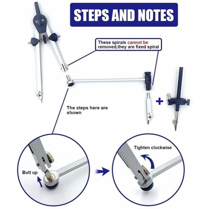 Lot de compas - AIMOONSA - 5 accessoires - Acier inoxydable - Porte‑mine 2 mm - Boîte incassable