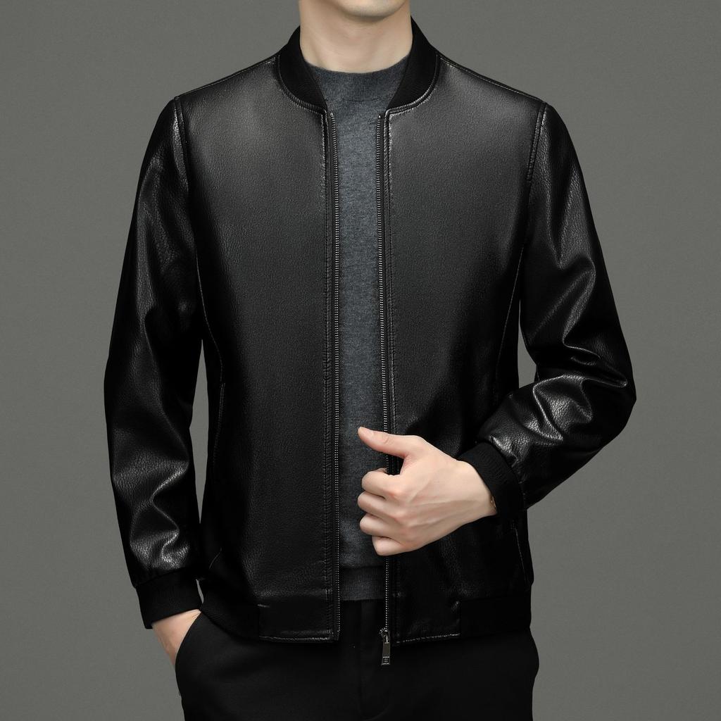 Men's Spring and Autumn Genuine Leather Jackets, Middle-aged Men's Casual Stand-up Collar Sheepskin Jackets, Dad Clothes