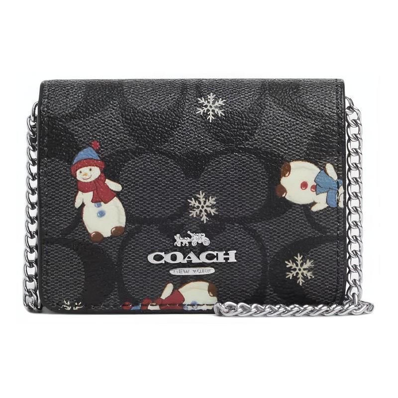 Coach Co-branded Boxed 10 Metal Logo Letters Fun Print Cowhide Shoulder Crossbody Bag Mini Women’s Black Snowman