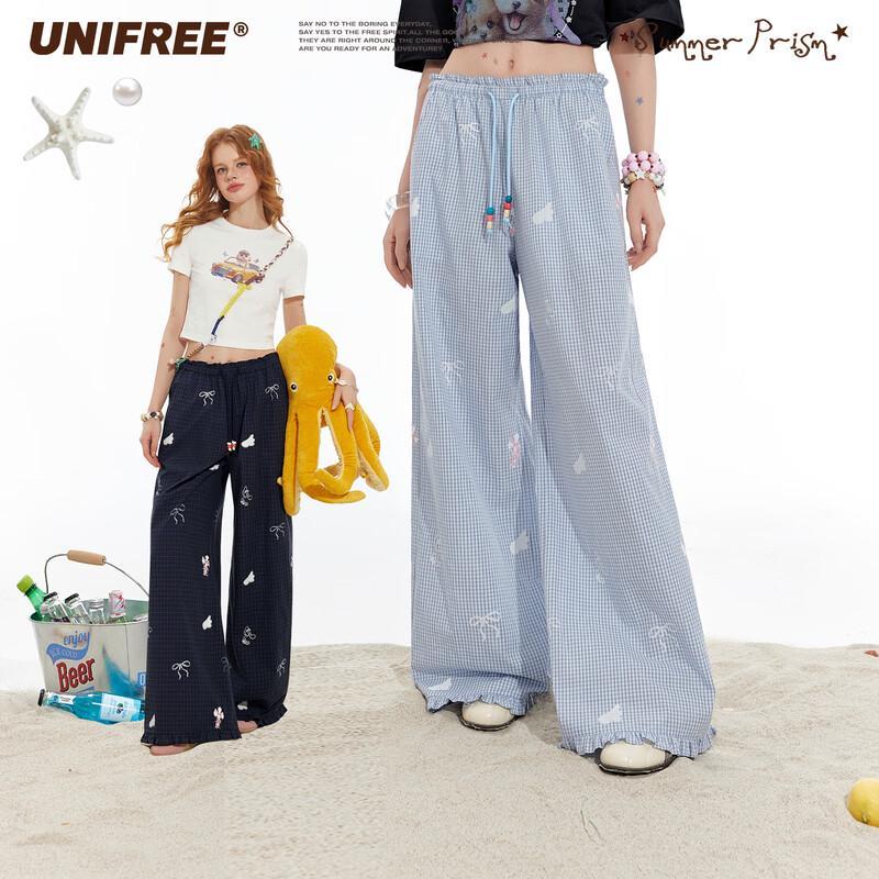 UNIFREE Retro Plaid Print Casual Long Pants S