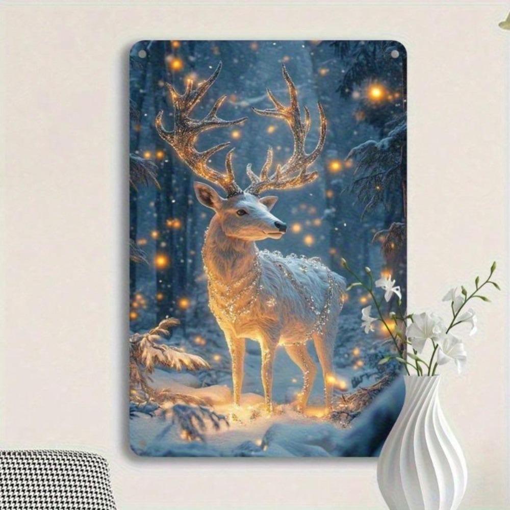 1pc 12x8 Inch Enchanted Deer Glowing Antlers Metal Tin Sign, Winter Snowy Forest Wall Art, Rustic Farmhouse Plaque for Home Bar Kitchen Decor