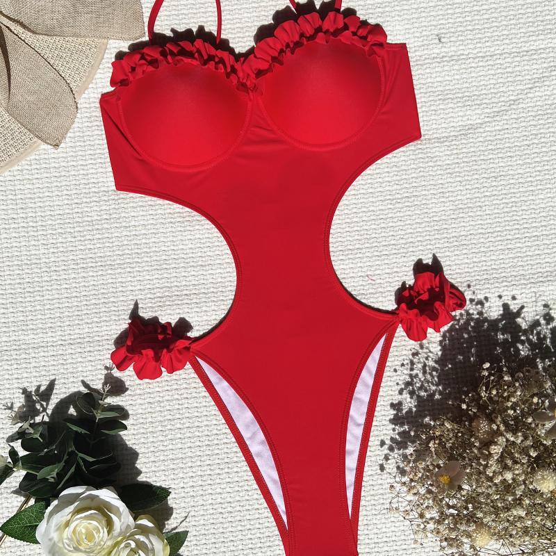 

Женский купальник, сплошной цвет, цельный купальник, жесткий комплект, кружевное сексуальное бикини, бразильская пляжная одежда L красный