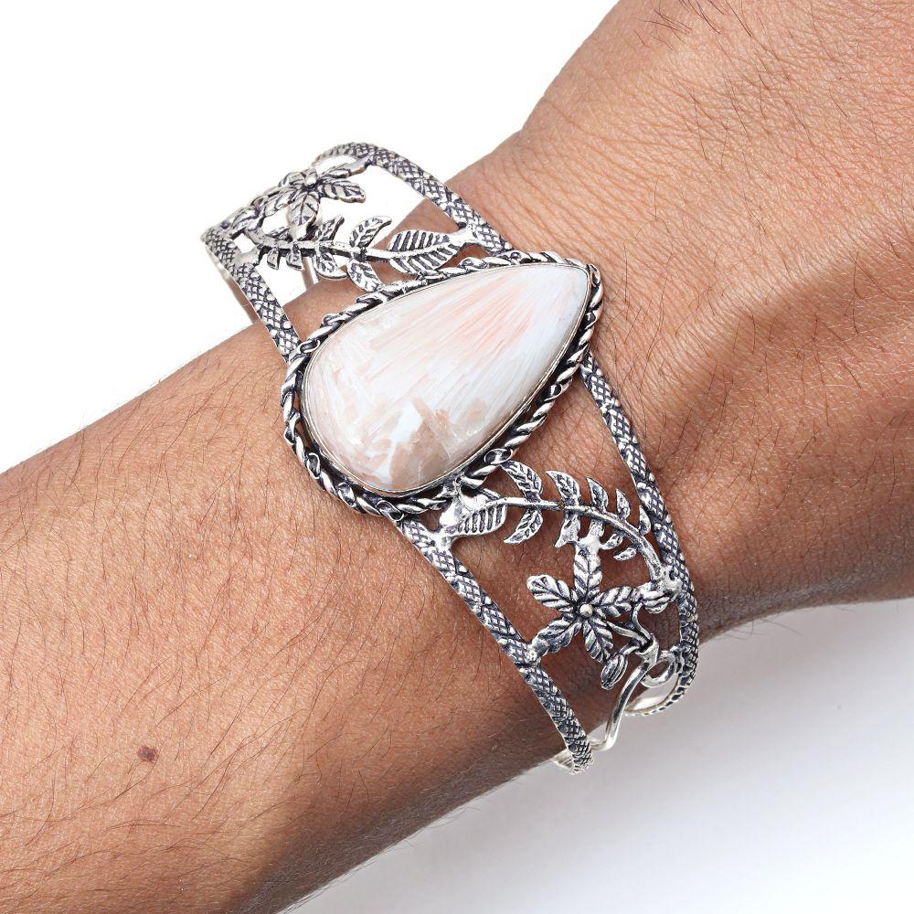 Scolecite Shell Gemstone Handmade Silver Jewelry Cuff Bracelets 7''Adjustable